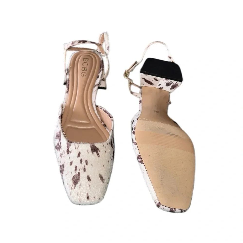 NEW BCBG Dalmatian Print Ankle Strap Heels Cow Print Square Toe Calf Hair